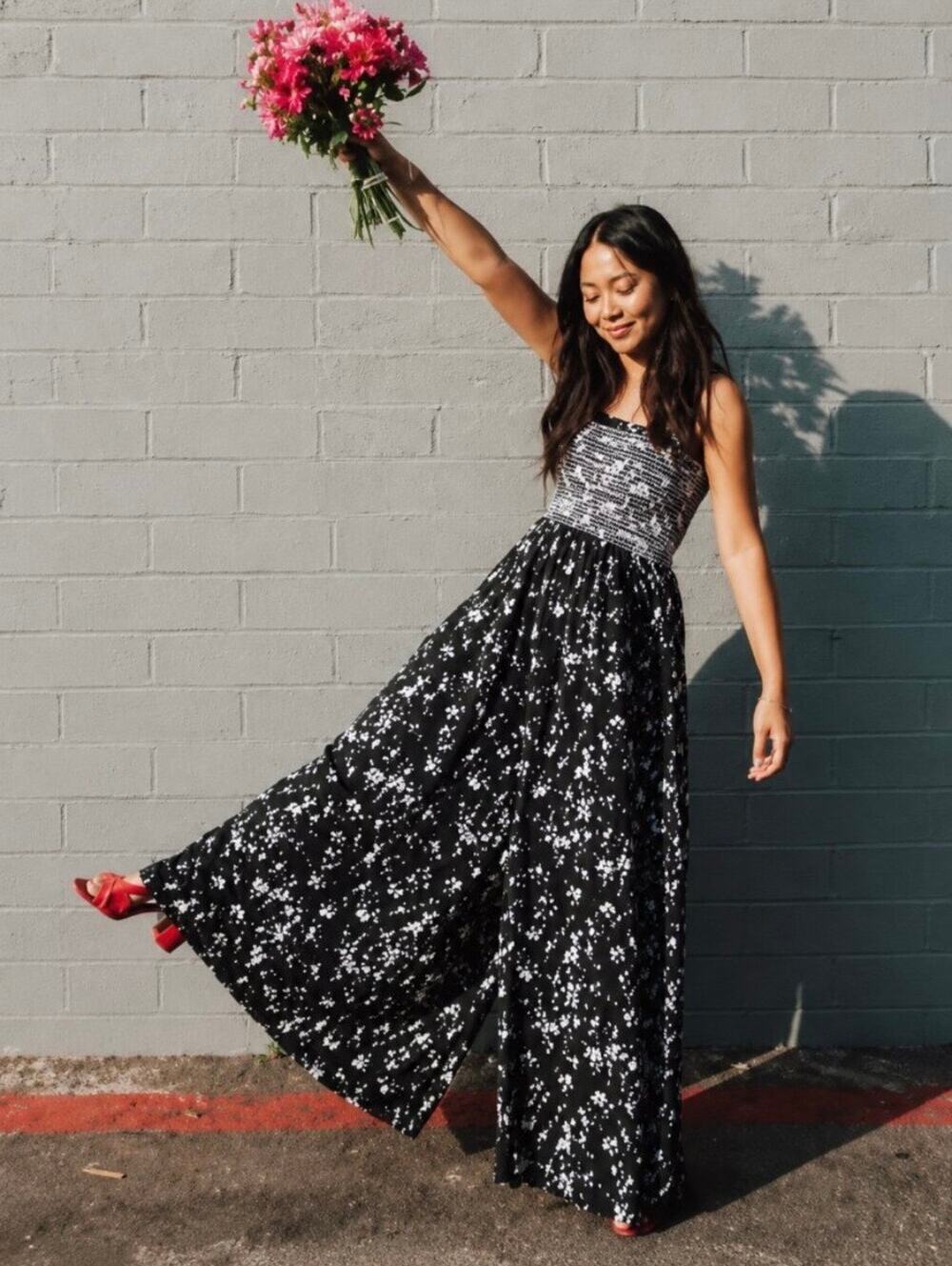 Free People Color My World Black White Floral Smocked Bodice Jumpsuit Size M
